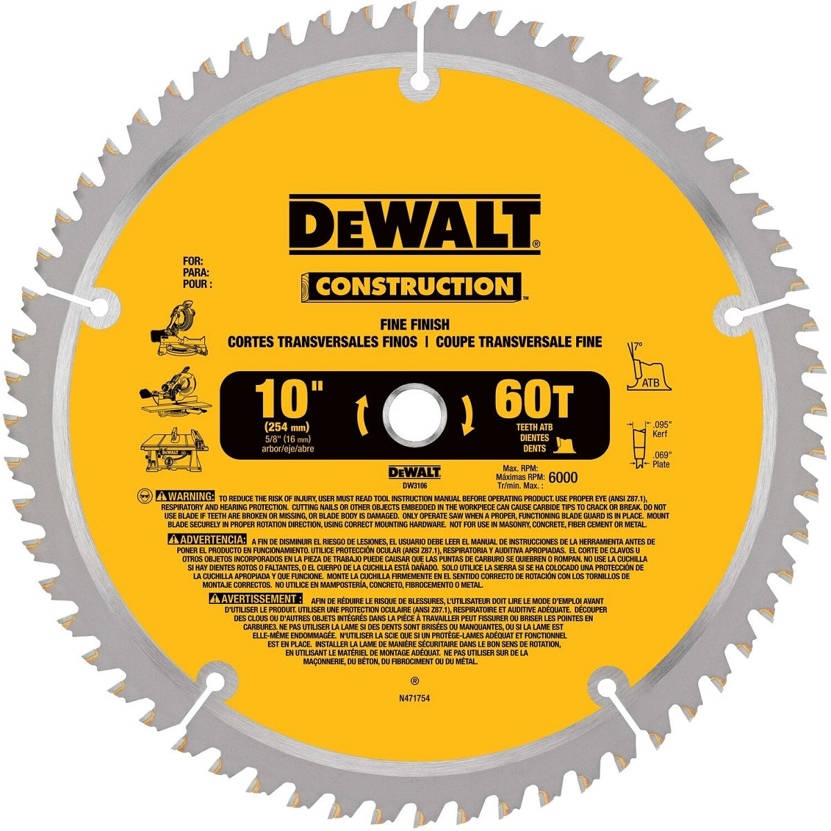 DEWALT® 10" 60 Teeth Carbide Tipped Circular Saw Blade