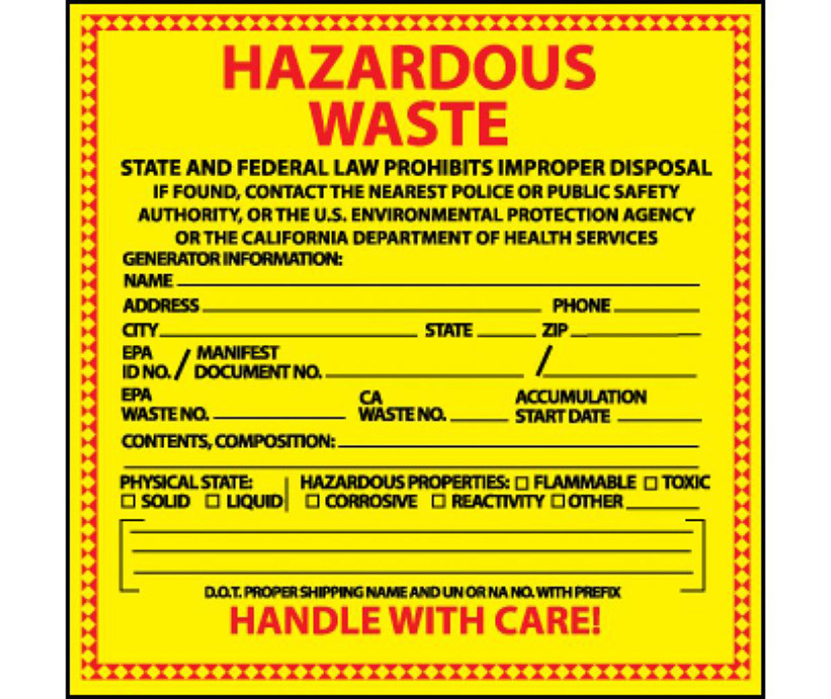 AccuformNMC™ 6" X 6" Black/Red/Yellow Pressure Sensitive/Adhesive Backed Vinyl (25 Per Pack) "HAZARDOUS WASTE CALIFORNIA"