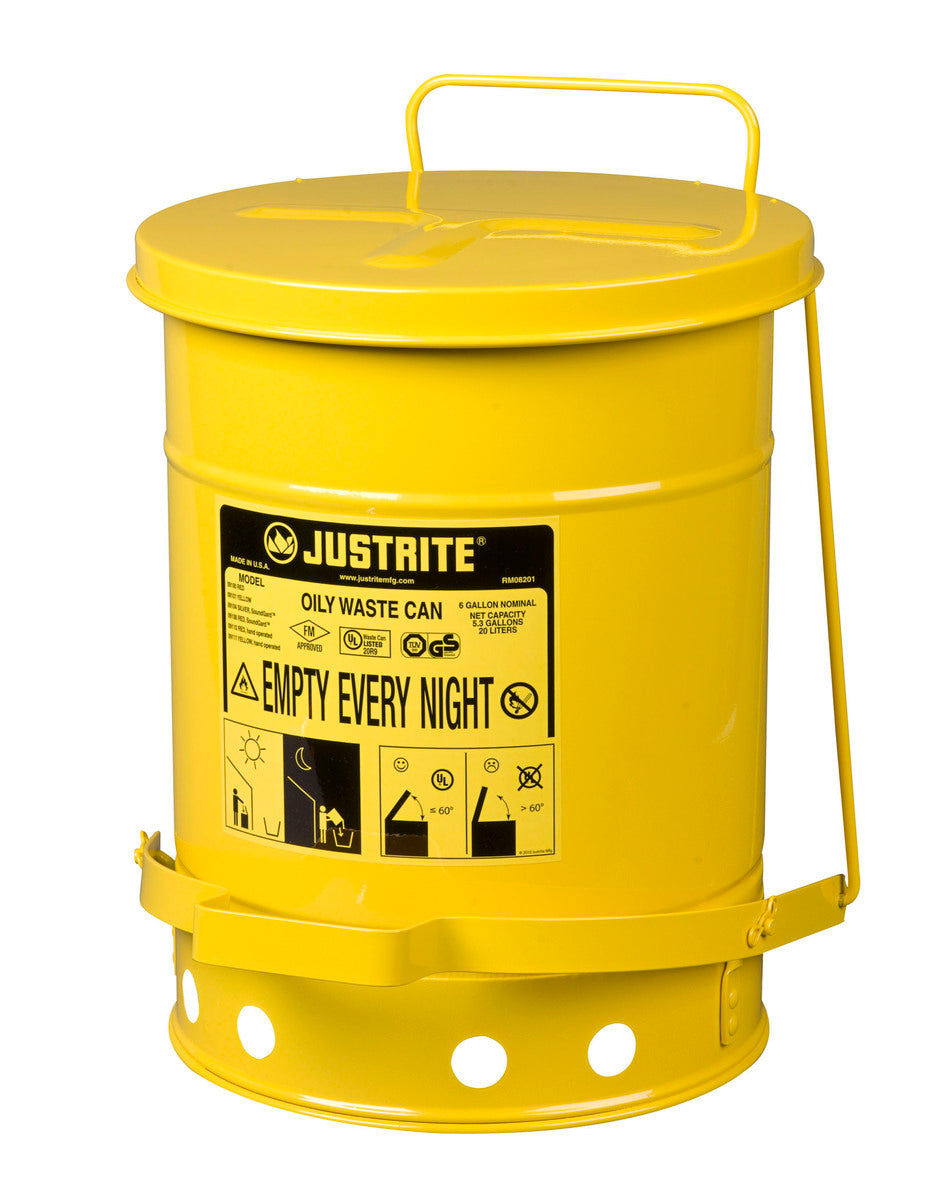 Justrite® 6 Gallon Yellow Galvanized Steel Oily Waste Can