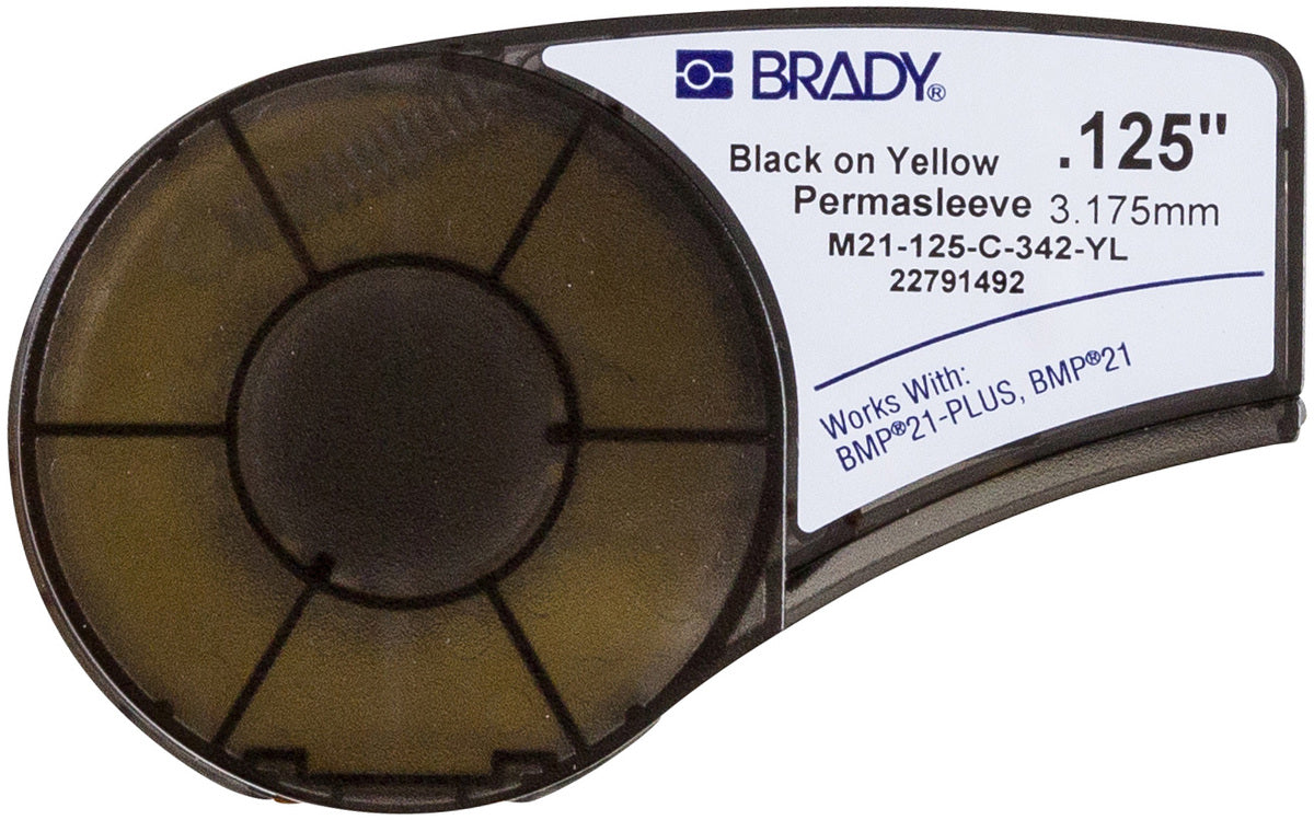 Brady® 1/8" X 7' Black/Yellow BMP®21 PermaSleeve® Flame-Retardant/Heat-Shrinkable Polyolefin Tubing (7 ft Per Cartridge)