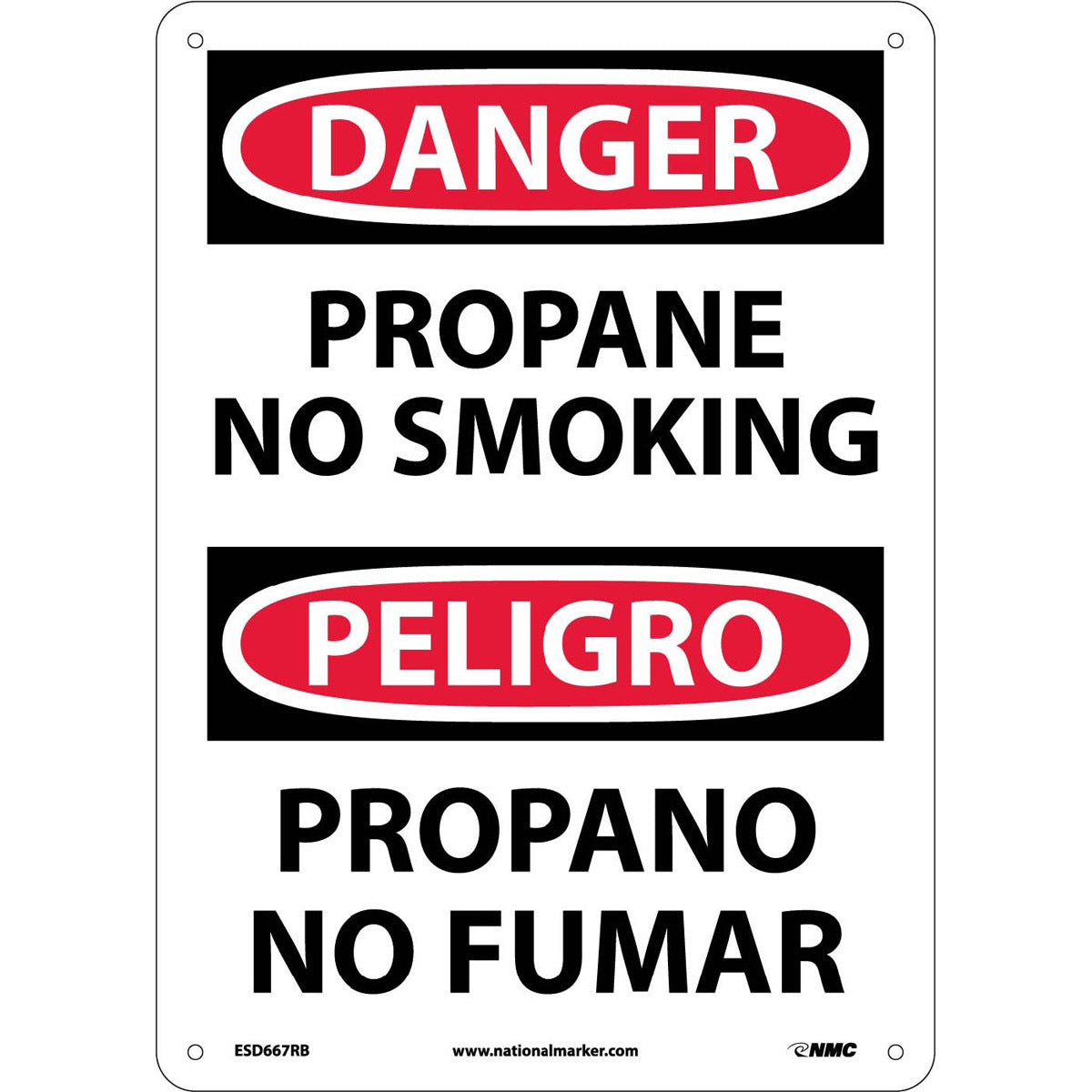 NMC™ 14" X 10" White .05" Plastic Bilingual Sign "PROPANE NO SMOKING PROPANO NO FUMAR"