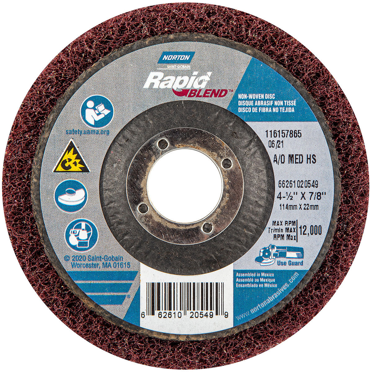 Norton® 4 1/2" X 7/8" Medium Grade Aluminum Oxide Bear-Tex High Strength Rapid Blend Red Non-Woven Depressed Center Disc