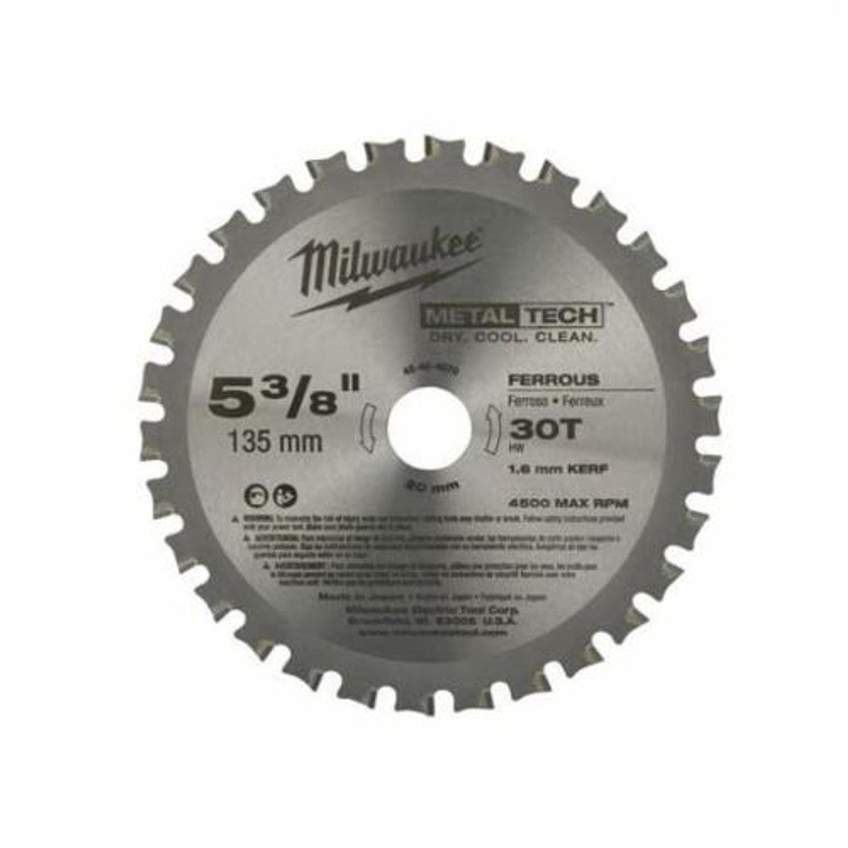 Milwaukee 48-40-4070 Circular Saw Blade, 5-3/8 in Dia x 0.05 in THK, 20 mm Arbor, Alloy Steel Blade, 30 Teeth