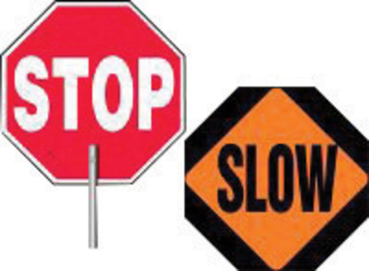 Accuform Signs® 18" X 76" White/Red/Black/Orange Aluminum/Wood Parking And Traffic Sign "STOP/SLOW"