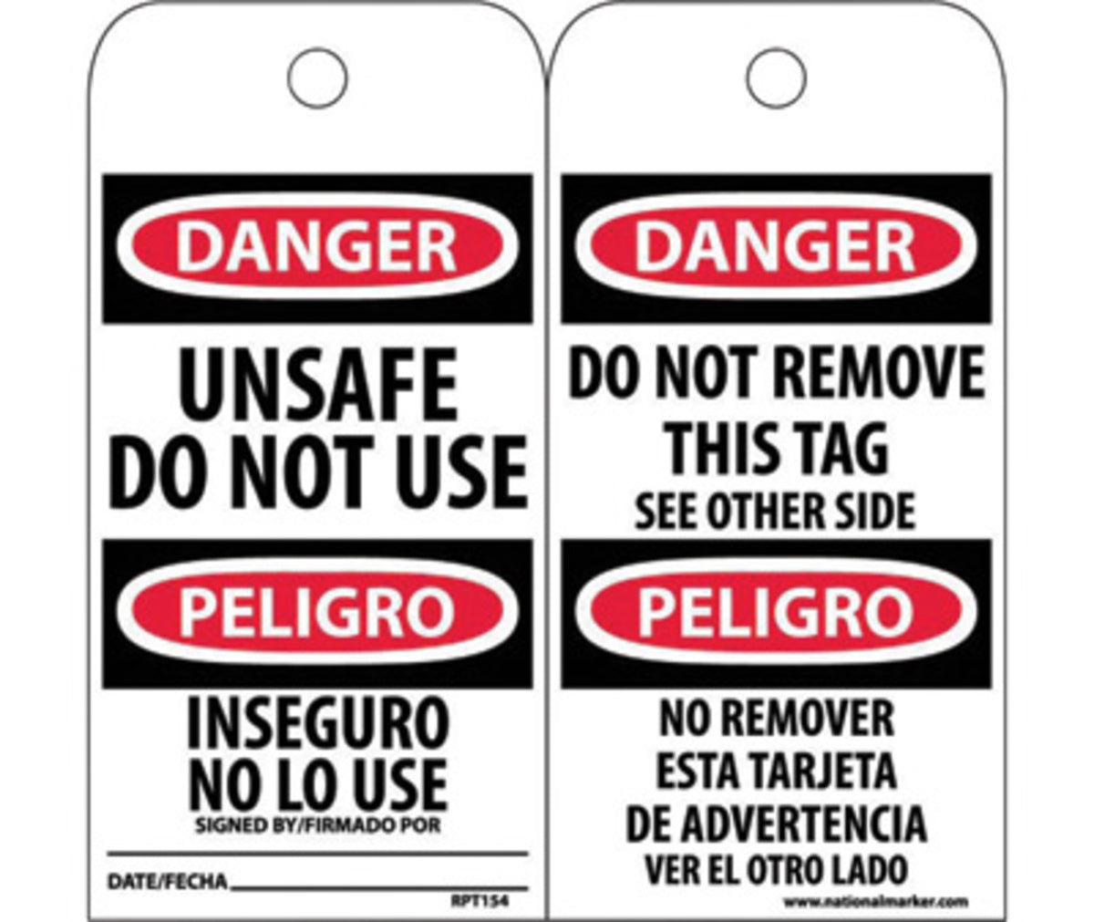 AccuformNMC™ 6" X 3" Red/White/Black Unrippable Vinyl (25 Per Pack) "UNSAFE DO NOT USE SIGNED BY___ DATE___"