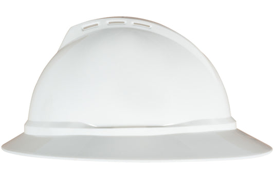 MSA White V-Gard® Polyethylene Full Brim Hard Hat With Ratchet/6 Point Ratchet Suspension