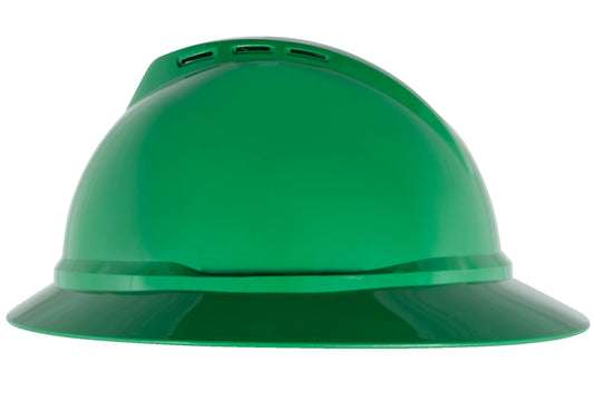 MSA Green V-Gard® Polyethylene Full Brim Hard Hat With Ratchet/6 Point Ratchet Suspension