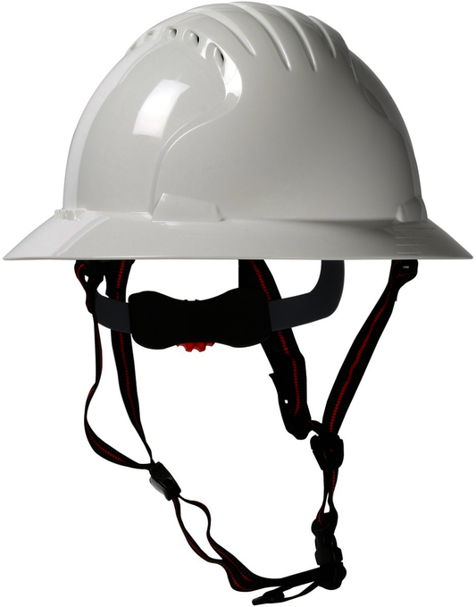 Protective Industrial Products White EVO® 6161 Ascend™ HDPE Vented Full Brim Climbing Helmet With Wheel Ratchet/6 Point Polyester Suspension