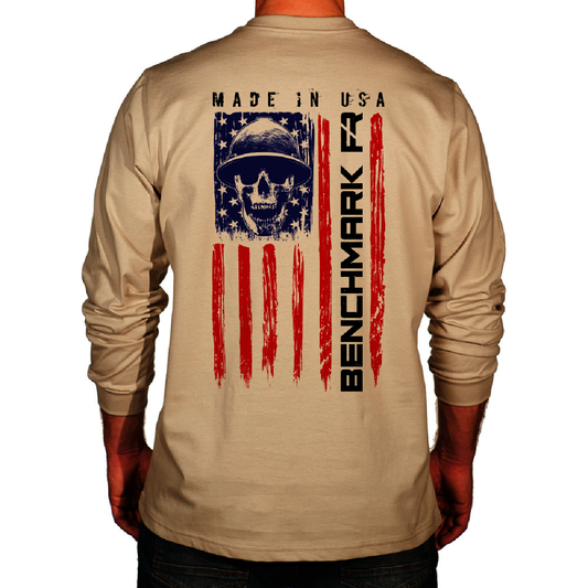 Benchmark FR® 2X Beige Second Gen Jersey Cotton Flame Resistant T-Shirt With Skull Flag Graphic