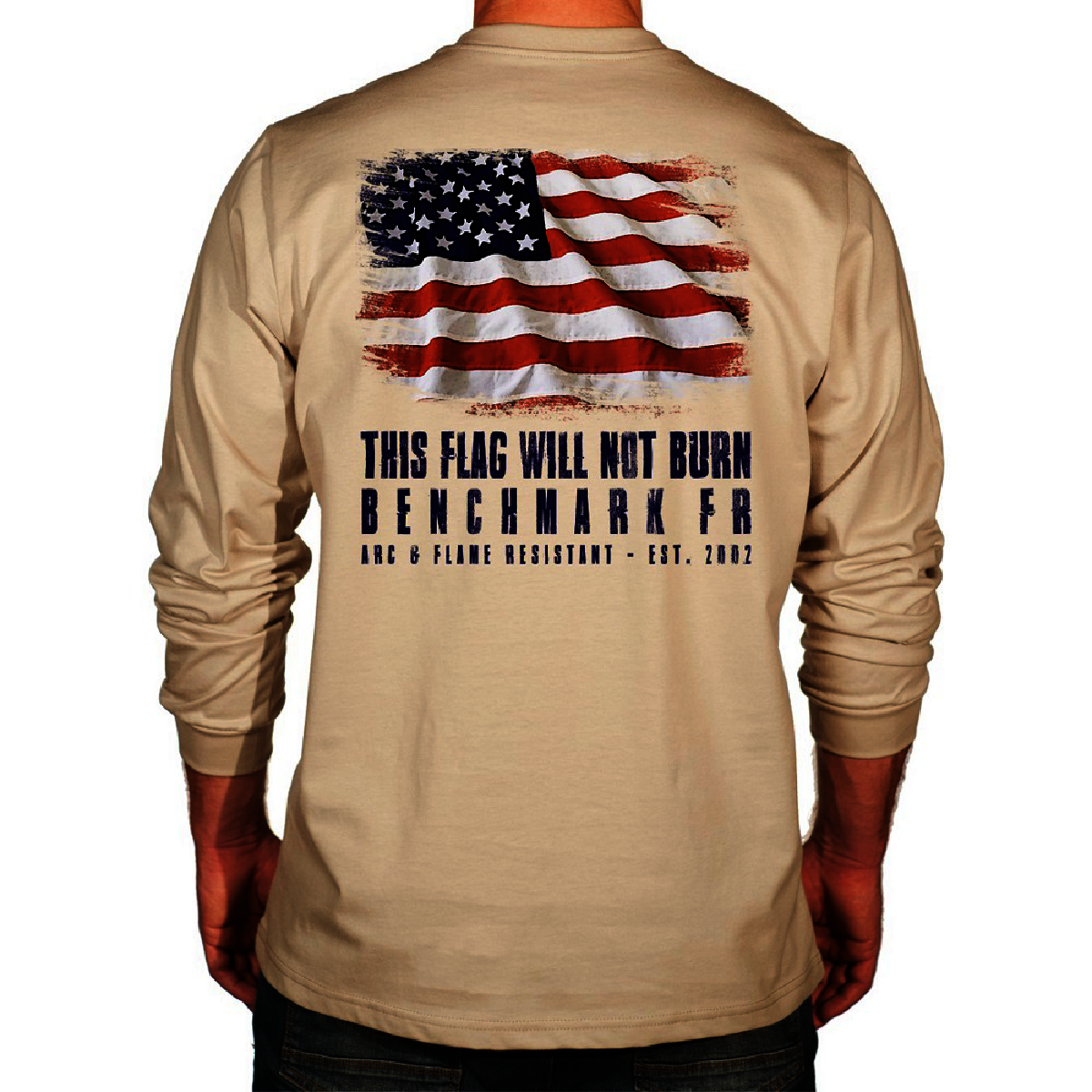 Benchmark FR® 3X Beige Second Gen Jersey Cotton Flame Resistant T-Shirt With Flag Will Not Burn Graphic