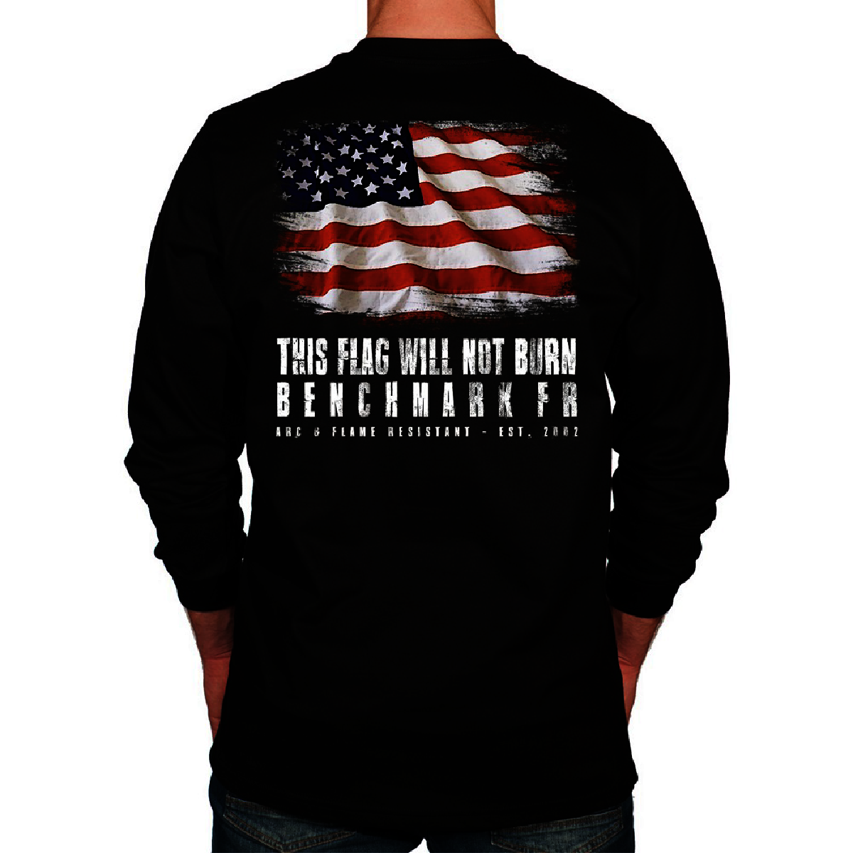 Benchmark FR® 2X Tall Black Benchmark 3.0 Cotton Flame Resistant T-Shirt With Flag Will Not Burn Graphic