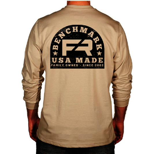 Benchmark FR® Medium Beige Second Gen Jersey Cotton Flame Resistant T-Shirt With Wood Stamp Graphic