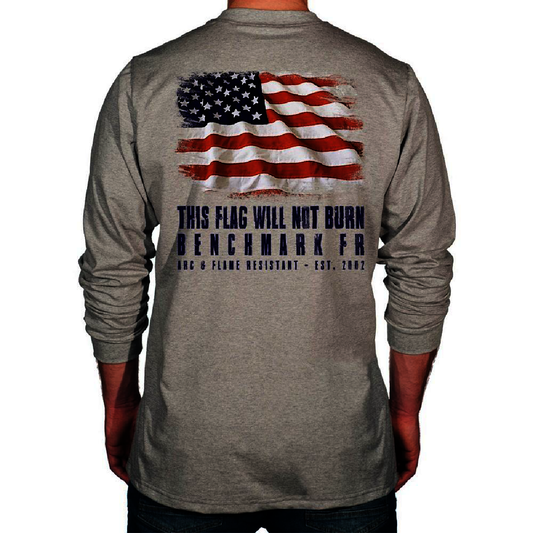 Benchmark FR® Small Light Gray Second Gen Jersey Cotton Flame Resistant T-Shirt With Flag Will Not Burn Graphic