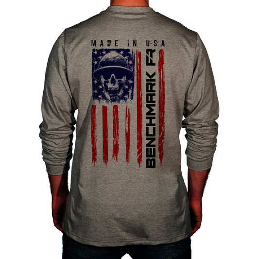 Benchmark FR® Small Light Gray Second Gen Jersey Cotton Flame Resistant T-Shirt With Skull Flag Graphic