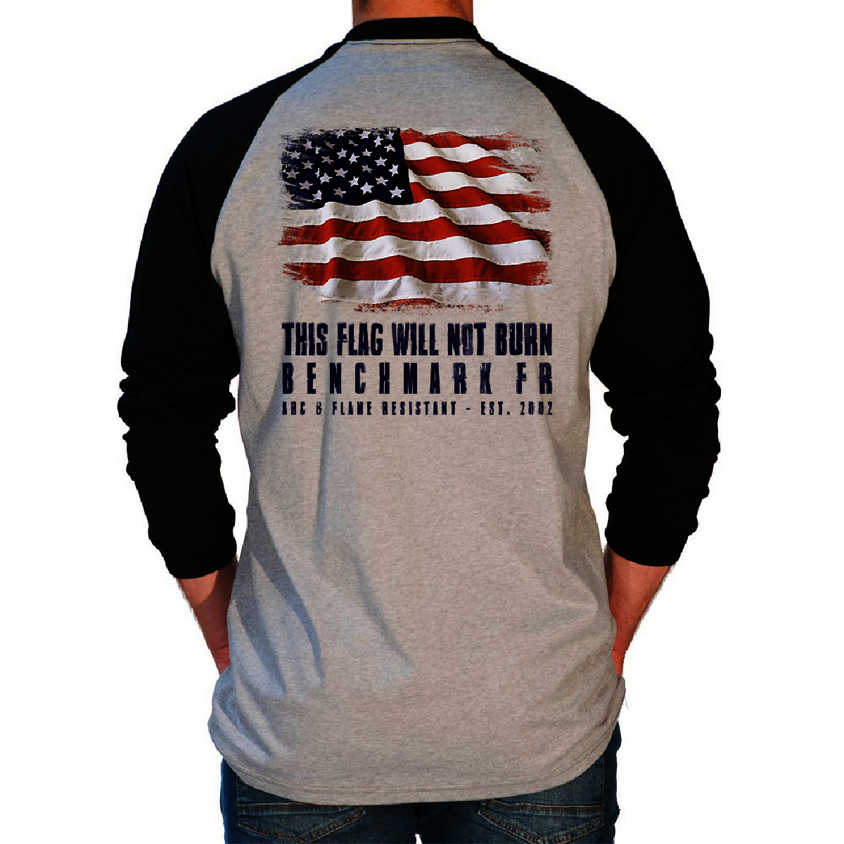 Benchmark FR® 3X Black and Gray Benchmark 3.0 Cotton Flame Resistant T-Shirt With Flag Will Not Burn Graphic