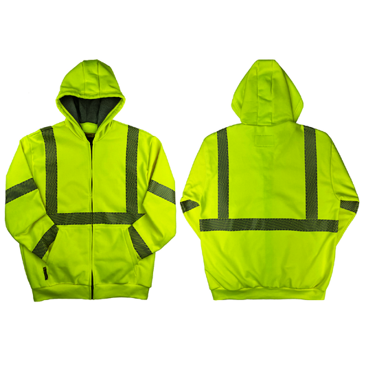 Benchmark FR® Small Hi-Viz Yellow American Fleece 42129 Cotton Modacrylic Flame Resistant Hooded Sweatshirt With Zipper Closure And Silver Segmented Reflective Striping