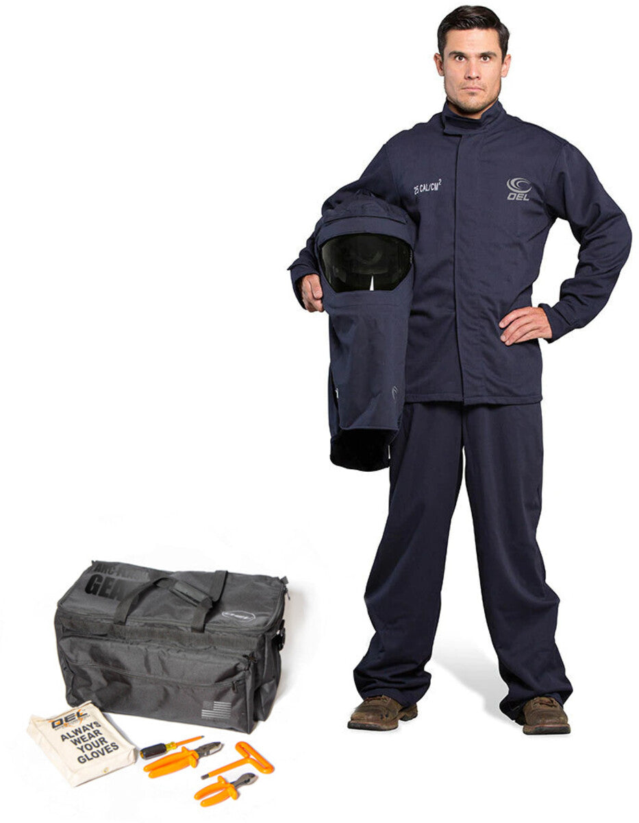 OEL 2X Blue Cotton Blend Premium Indura Flame Resistant Jacket/Bib Switch Gear Hood Kit With Non-Metallic Zipper Hook and Loop Closure