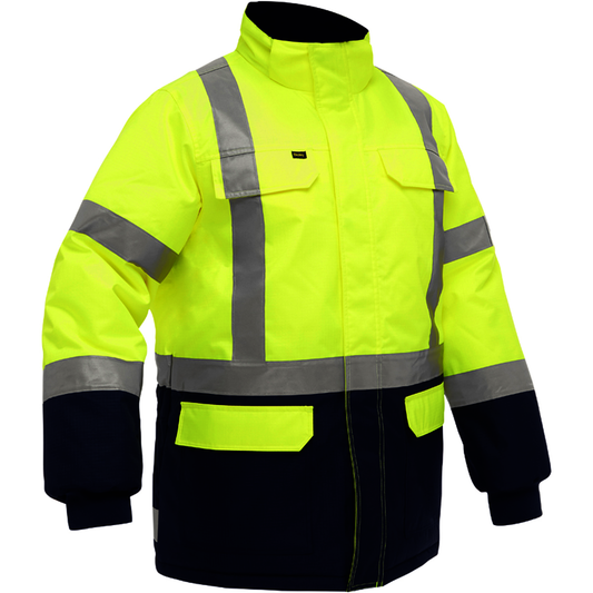 Protective Industrial Products Large Hi-Viz Yellow and Navy Sorona® Aura Lined 300 Denier Polyester Ripstop Bisley Jacket