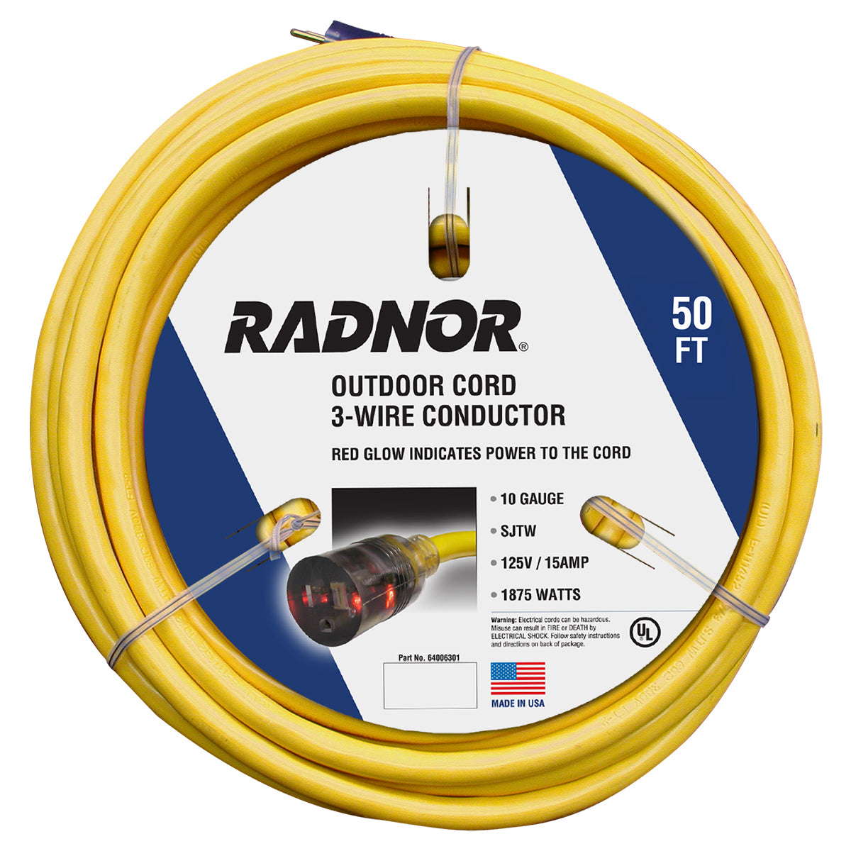 RADNOR™ 50' 15 A 125 VAC PVC Jacket Yellow Extension Cord