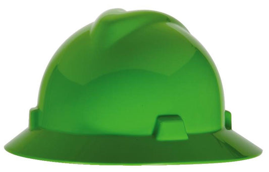MSA Green V-Gard® Polyethylene Full Brim Hard Hat With Ratchet/4 Point Ratchet Suspension