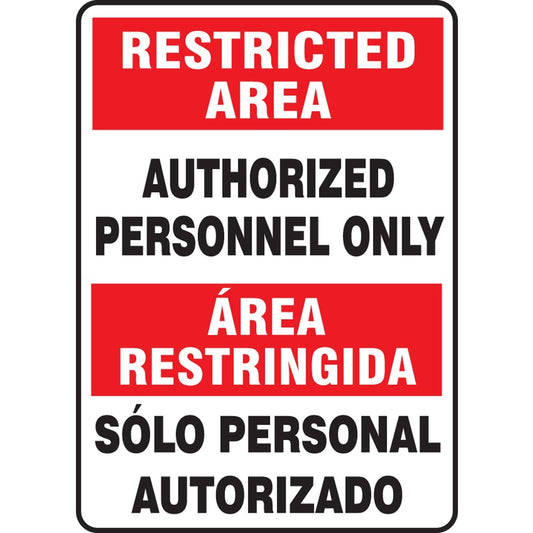 Accuform Signs® 14" X 10" Black/White/Red Aluminum Bilingual/Safety Sign "RESTRICTED AREA AUTHORIZED PERSONNEL ONLY AREA RESTRINGIDA SOLO PERSONAL AUTORIZADO"