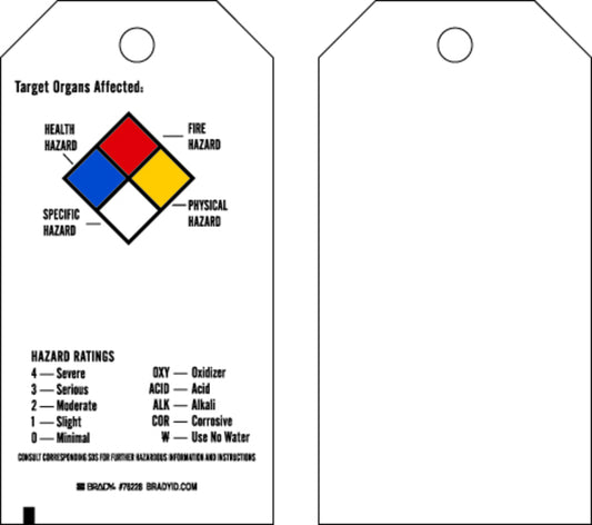 Brady® 5 3/4" X 3" Black/Blue/Red/Yellow/White Rigid Polyester Tag (25 Per Pack) "TARGET ORGANS AFFECTED___HEALTH HAZARD___FIRE HAZARD___PHYSICAL HAZARD ___SPECIFIC HAZARD___HAZARD RATINGS"