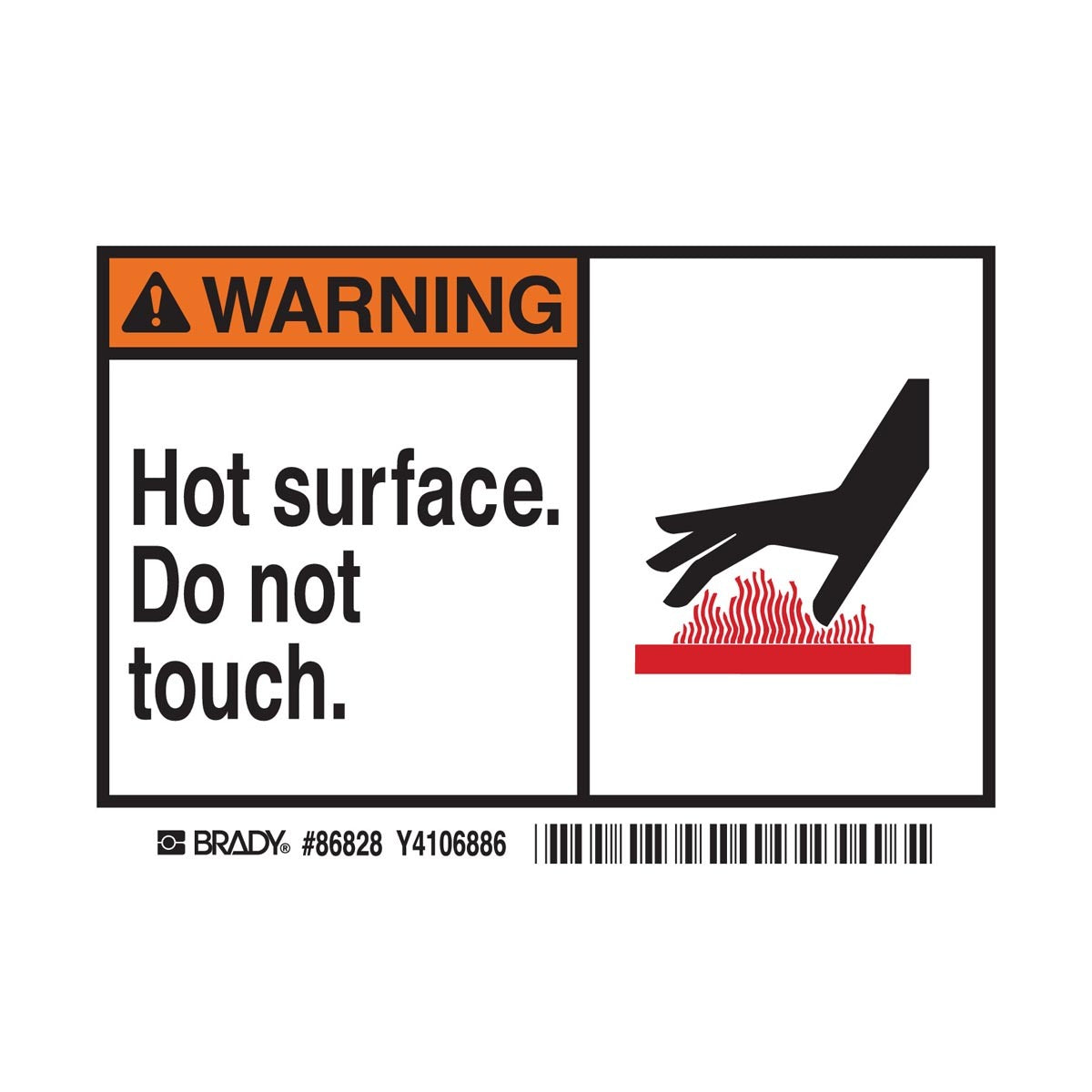 Brady® 3 1/2" X 5" Black/Orange/Red/White Permanent Acrylic Polyester Label (5 Per Pack) "HOT SURFACE DO NOT TOUCH."