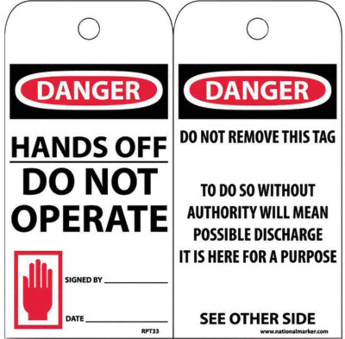 AccuformNMC™ 6" X 3" Black/Red/White Unrippable Vinyl (25 Per Pack) "HANDS OFF DO NOT OPERATE SIGNED BY___ DATE___"
