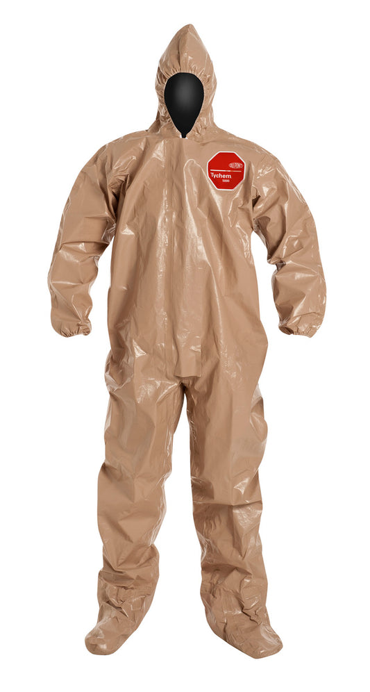 DuPont™ 3X Tan Tychem® 5000 18 mil Tychem® 5000 Chemical Protective Coveralls (With Hood, Elastic Wrists And Attached Socks)