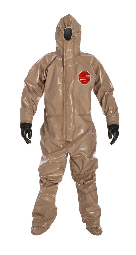 DuPont™ 2X Tan Tychem® 5000 18 mil Tychem® 5000 Chemical Protective Coveralls (With Respirator Fitting Hood, Attached Socks And Gloves)
