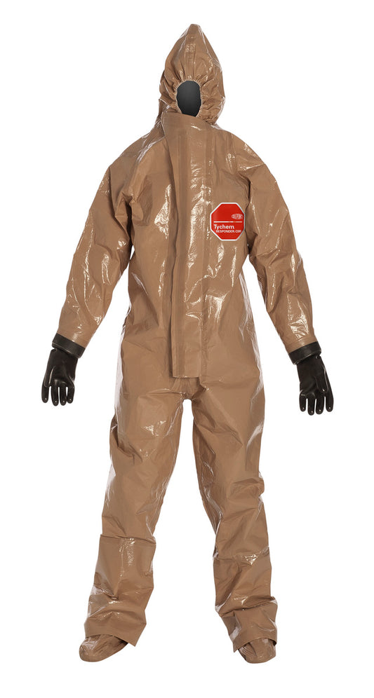 DuPont™ 3X Tan Tychem® RESPONDER® CSM 25 mil Chemical Protective Coveralls With Respirator Fitting Hood, Elastic Wrists And Attached Socks