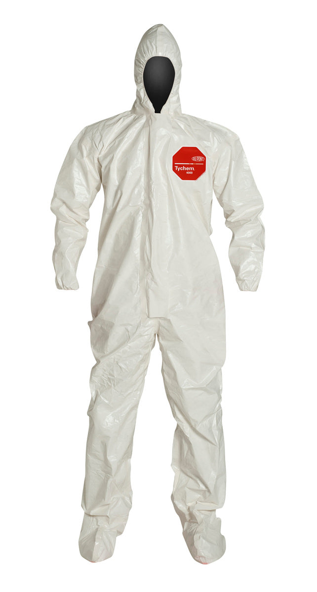 DuPont™ Medium White Tychem® 4000 12 mil Tychem® 4000 Chemical Protective Coveralls (With Hood, Elastic Wrists And Attached Socks)