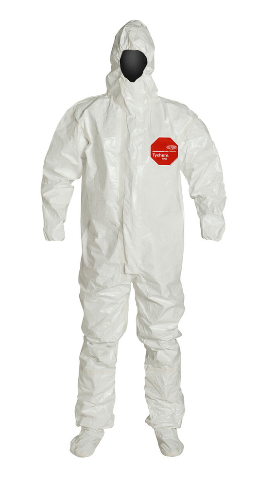DuPont™ Medium White Tychem® 4000, 12 mil Chemical Protective Coveralls With Respirator Fitting Hood, Elastic Wrists And Attached Socks