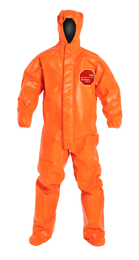 DuPont™ X-Large Orange Tychem® 6000 FR 34 mil Tychem® 6000FR Chemical Protective Coveralls (With Respirator Fitting Hood, Elastic Wrists And Attached Socks)