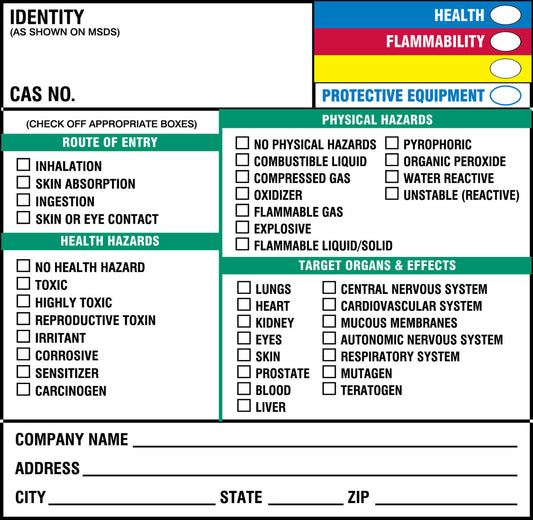 Brady® 7" X 7" Black/Blue/Green/Red/Yellow/White Permanent Acrylic Paper Label (100 Per Pack) "IDENTITY: CAS NO.: HEALTH FLAMMABILITY PROTECTIVE EQUIPMENT"