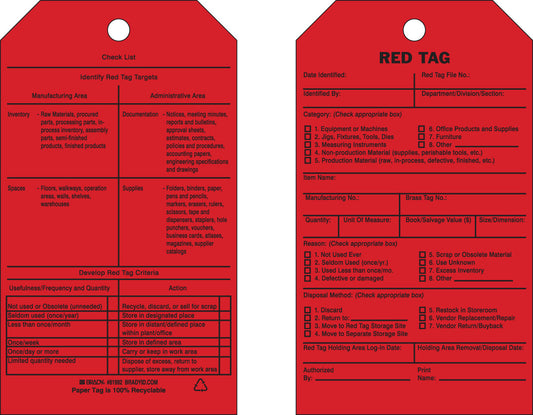 Brady® 7" X 4" Black/Red Rigid Paper Tag (100 Per Pack) "Date Identified___Red Tag File No___Identified by___Department___Category___"