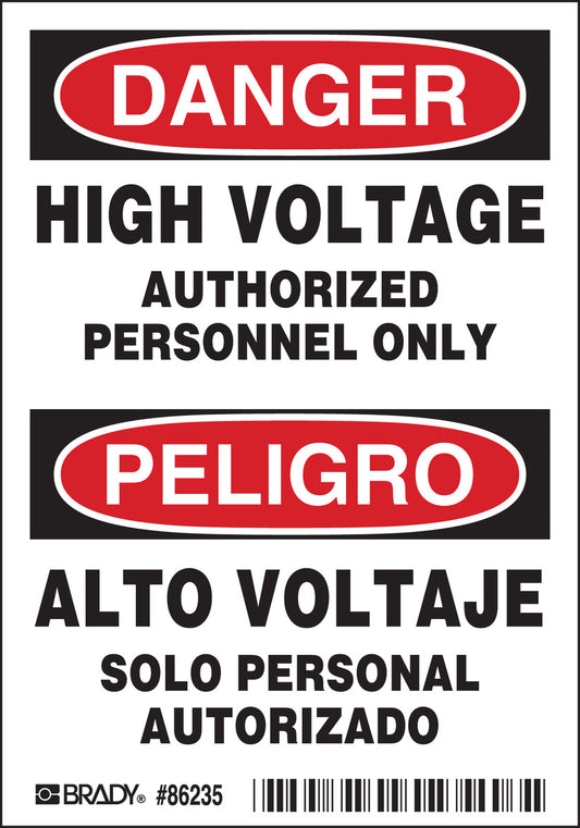 Brady® 5" X 3 1/2" Black/Red/White Permanent Acrylic Polyester Label (5 Per Pack) "HIGH VOLTAGE AUTHORIZED PERSONNEL ONLY/ALTO VOLTAJE"
