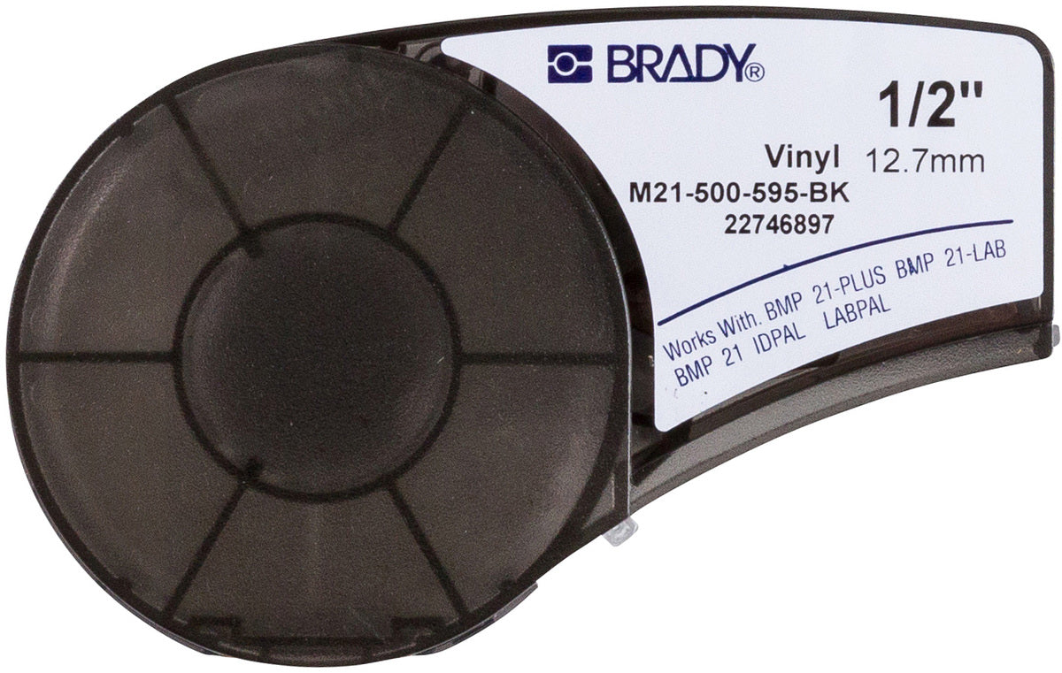 Brady® 1/2" X 21' Black/White BMP®21 Permanent Acrylic Vinyl Label (21 ft Per Cartridge)