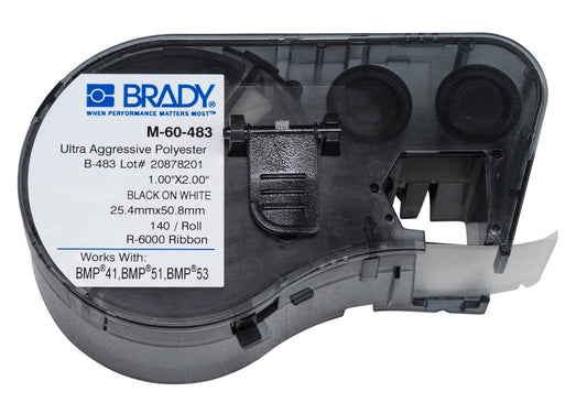 Brady® 1" X 2" Black/White M Series ToughBond® Permanent Rubber Based Polyester Label (140 Per Cartridge)