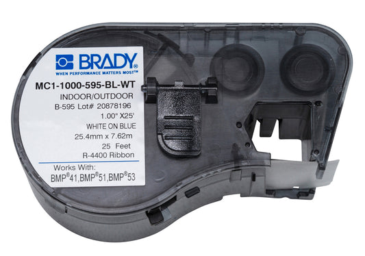 Brady® 1" X 25' Blue/White M Series Permanent Acrylic Vinyl Label (25 ft Per Cartridge)