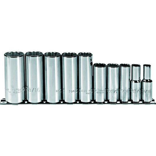 Stanley® 3/8" X 5/16" - 7/8" Proto® Torqueplus™ 10 Piece 12 Point SAE Deep Fully Polished Socket Set (Includes 9" Deep Socket Bar And (10) Clips)