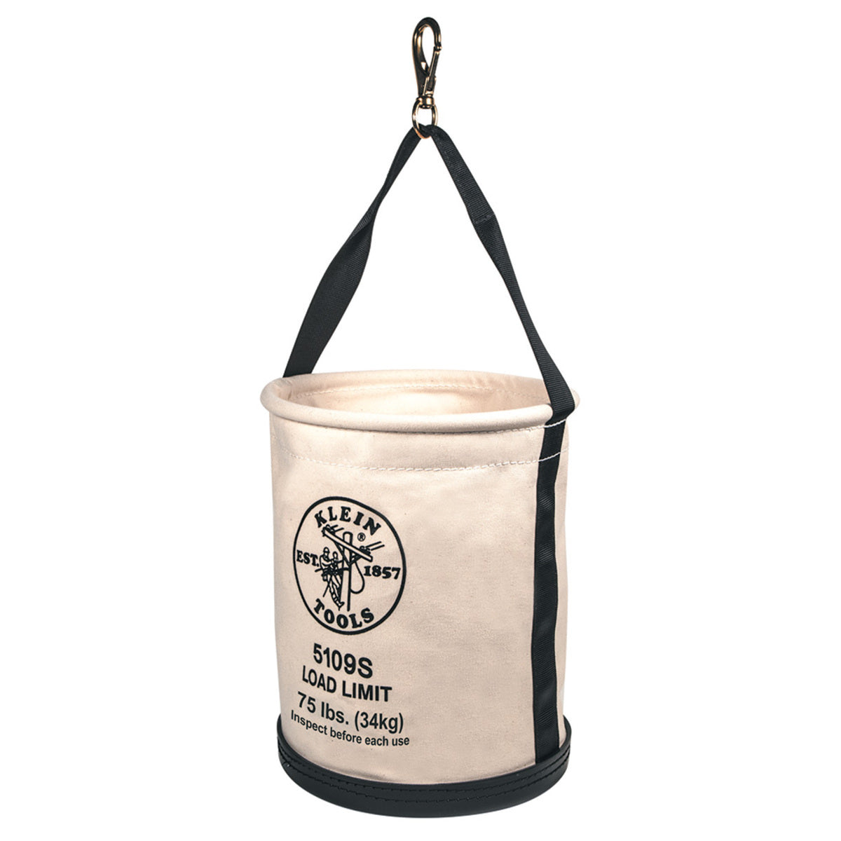 Klein Tools 12" X 15" 75 lb Black Molded Polypropylene And NO 6 Canvas Wide Opening Straight Wall Bucket With Swivel Snap Hook And Web Handle