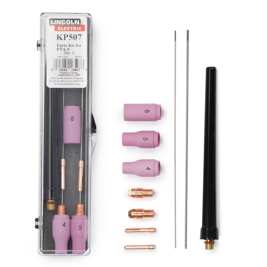 Lincoln Electric® Parts Kit For Air Cooled PTA-9 Torch Includes Collets, Collet Bodies, Back Cap, Alumina Nozzles And Tungsten Electrode