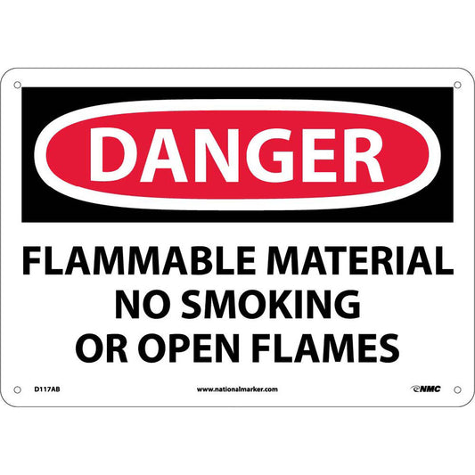 NMC™ 10" X 14" White .04" Aluminum Smoking Control Sign "DANGER FLAMMABLE MATERIAL NO SMOKING OR OPEN FLAMES"