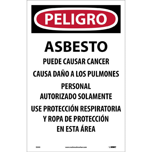 NMC™ 17" X 11" White .005" Paper Spanish Sign "DANGER ASBESTO PELIGRO DE CANCER Y ENFERMEDAD DE PULMON SOLO SE PERMITE INDIVIDUOS AUTORIZADOS MASCARA RESPIRADORA Y ROPA PROTECTIVA SE REQUIERE EN ESTA AREA"