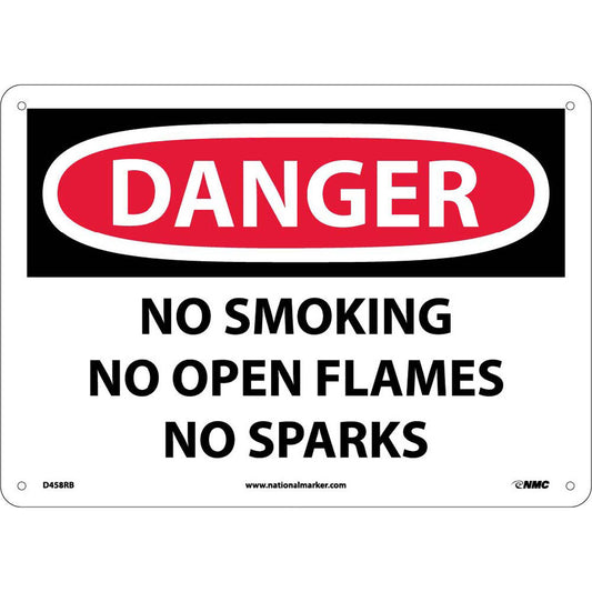 NMC™ 10" X 14" White .05" Plastic Smoking Control Sign "DANGER NO SMOKING NO OPEN FLAMES NO SPARKS"