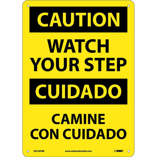 NMC™ 14" X 10" Yellow .05" Plastic Bilingual Sign "WATCH YOUR STEP CAMINE CON CUIDADO"