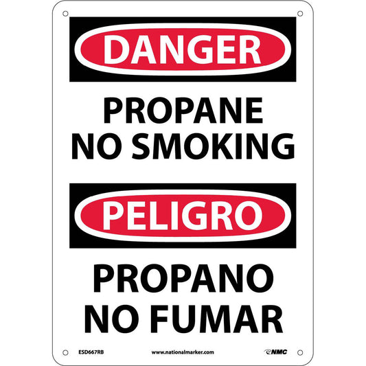 NMC™ 14" X 10" White .05" Plastic Bilingual Sign "PROPANE NO SMOKING PROPANO NO FUMAR"