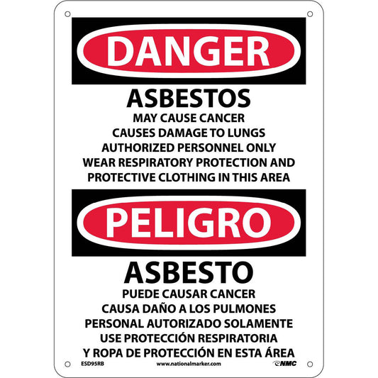 NMC™ 14" X 10" White .05" Rigid Plastic Spanish/English Bilingual Sign "ASBESTOS CANCER AND LUNG DISEASE HAZARD AUTHORIZED PERSONNEL ONLY RESPIRATORS AND PROTECTIVE CLOTHING ARE REQUIRED IN THIS AREA ASBESTO PELIGRO DE CANCER Y ENFERMEDAD DEL PULMON…"