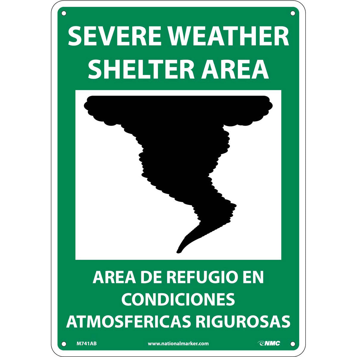 NMC™ 14" X 10" White .04" Aluminum Bilingual Sign "SEVERE WEATHER SHELTER AREA AREA DE REFUGIO EN CONDICIONES ATMOSFERICAS RIGUROSAS"